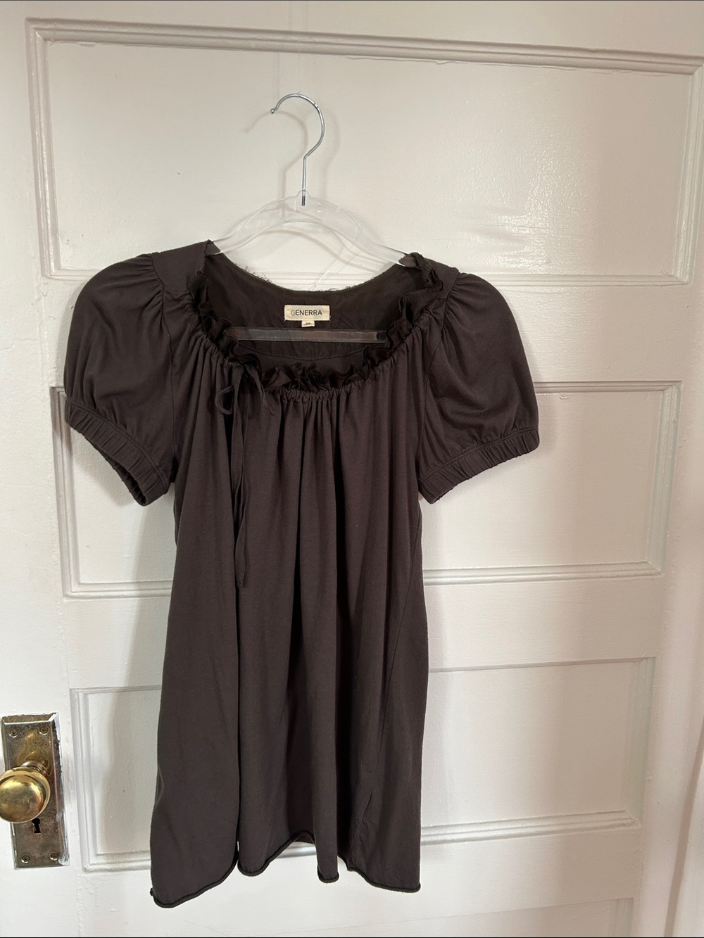 GENERRA Vintage -- Dark Brown Adjustable Tie-Neck Peasant Top, Women's XS